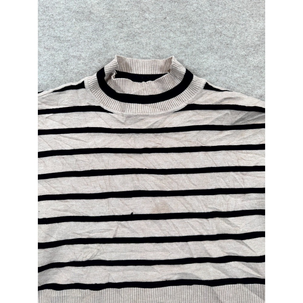 Rachel Zoe Sweater Womens Large Brown Striped Ribbed Trim Winter Warm Mock Neck - Picture 2 of 16